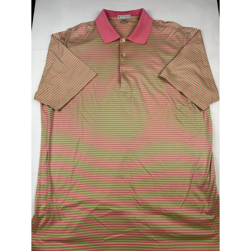 Peter Millar Polo Shirt Large Pink Green Striped Short Sleeve Cotton Golf Mens